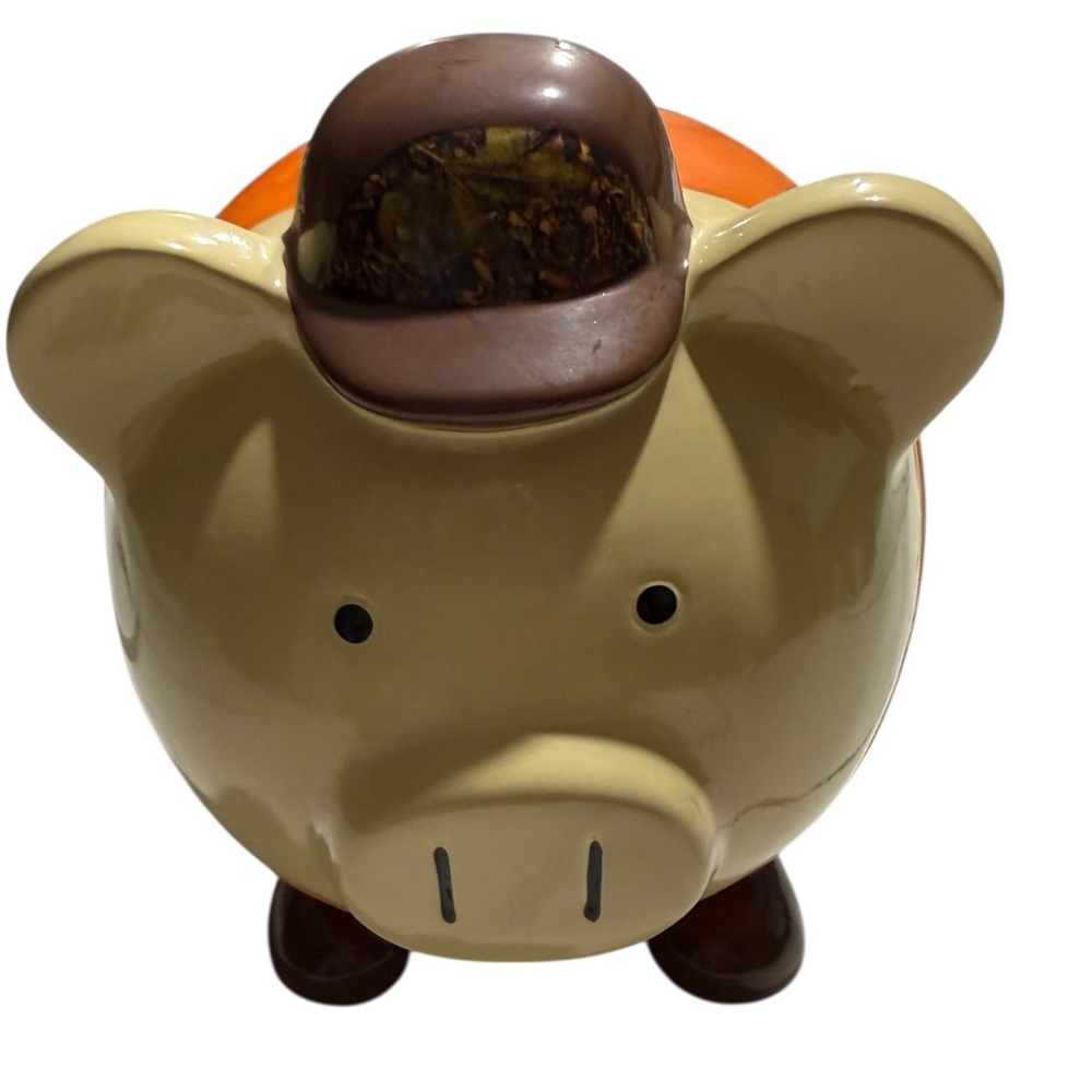 Large Piggy Bank with Mossy Oak Camo Hat and Orange and Camo Clothing. F.A.B. NY - Picture 2 of 13